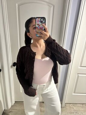 Frankies Bikinis Brown Cable Knit Cardigan Sweater Size M